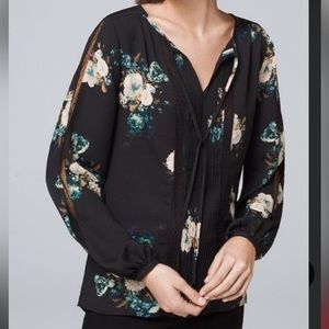White House Black Market Black Floral Split-Sleeve Blouse